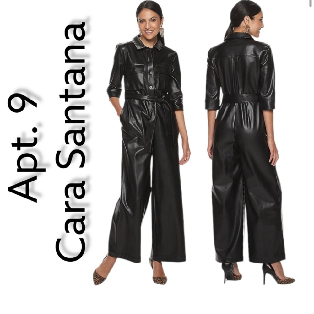 NWT Apt 9 Cara Santana Black Faux Leather Jumpsuit L